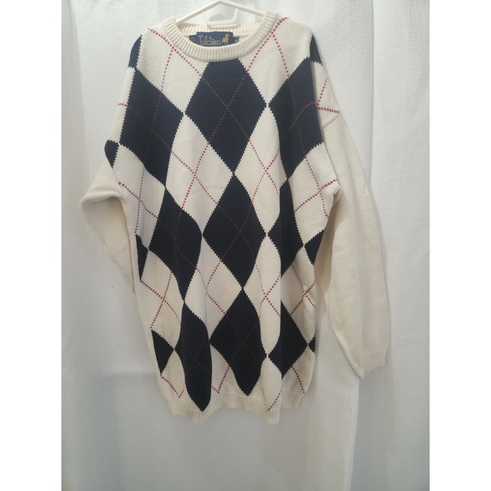 Vintage TULCHAN Womens Sweater Size Medium White Blue‎ Argyle/Diamond